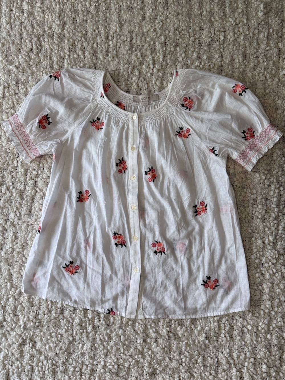 LOFT White Blouse with Pink/Green Floral Embroidery